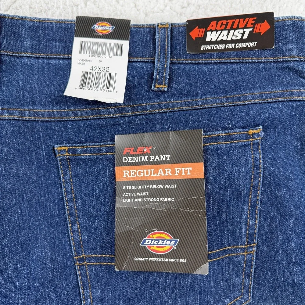 Dickies FLEX Jeans Mens 42x32 Blue Regular Fit Stretch Denim DD800RNB NWT